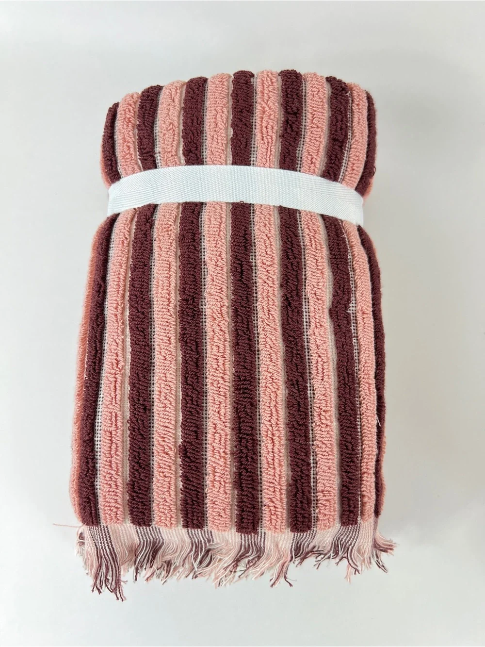 Rachel Zoe Pink & Burgundy Striped Cotton Hand Towels with Fringe 2 Pc Set NEW